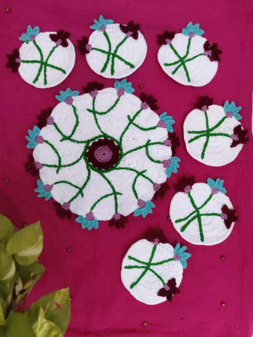 Handcrafted Floral Crochet Table Mat & Coaster Set - View 1